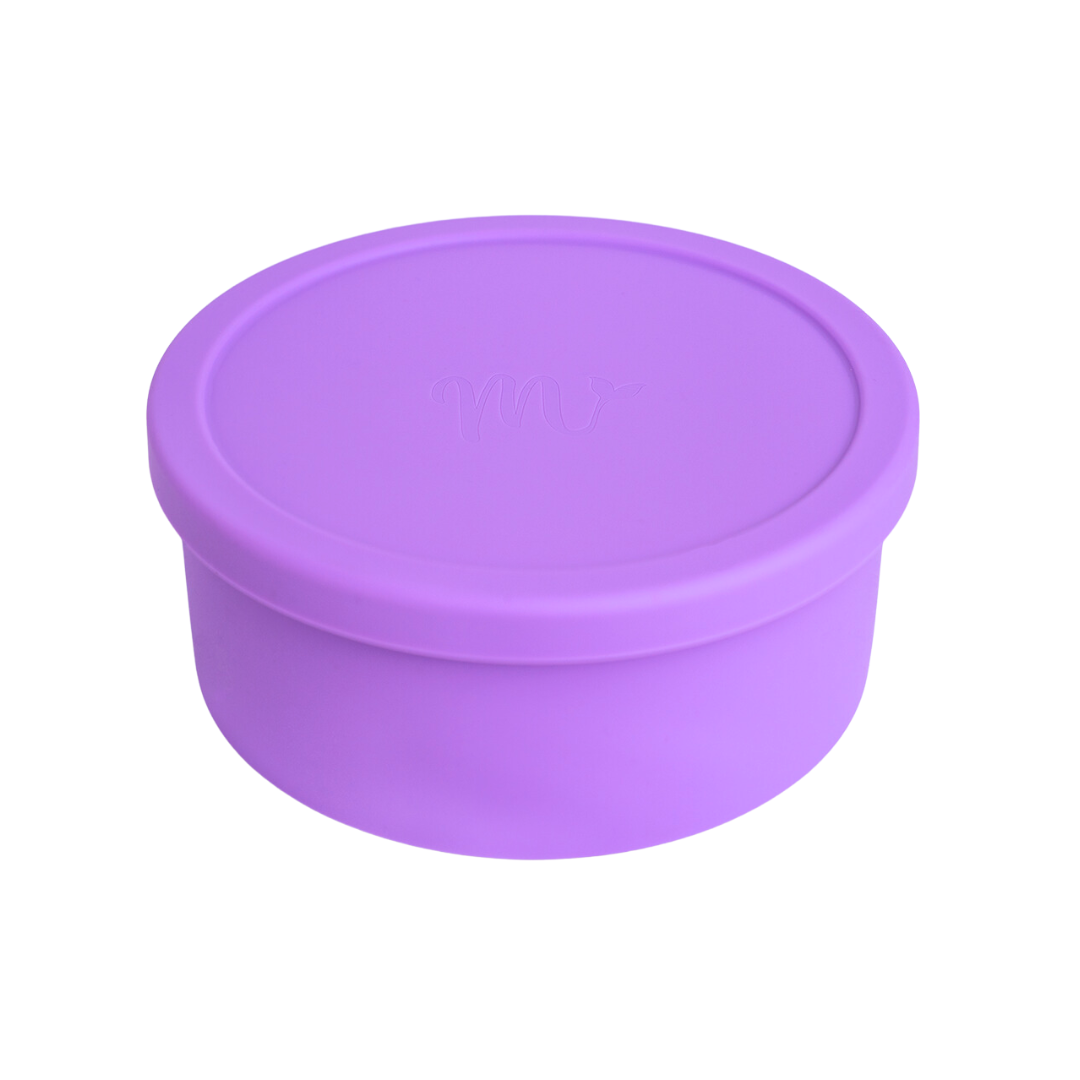 Purple round silicone bento bowl with Mermaid Straw logo on the lid