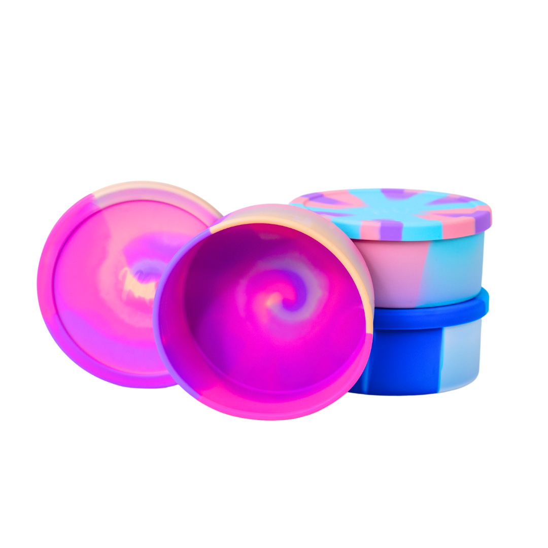Pink, Pastel and blue tie dye round silicone bento bowls with Mermaid Straw 'M' logo on the lid
