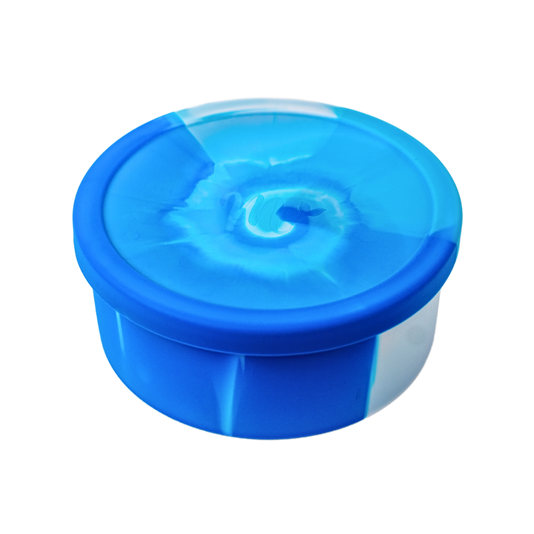 Blue and white tie dye silicon bento bowl with Mermaid Straw logo on the lid