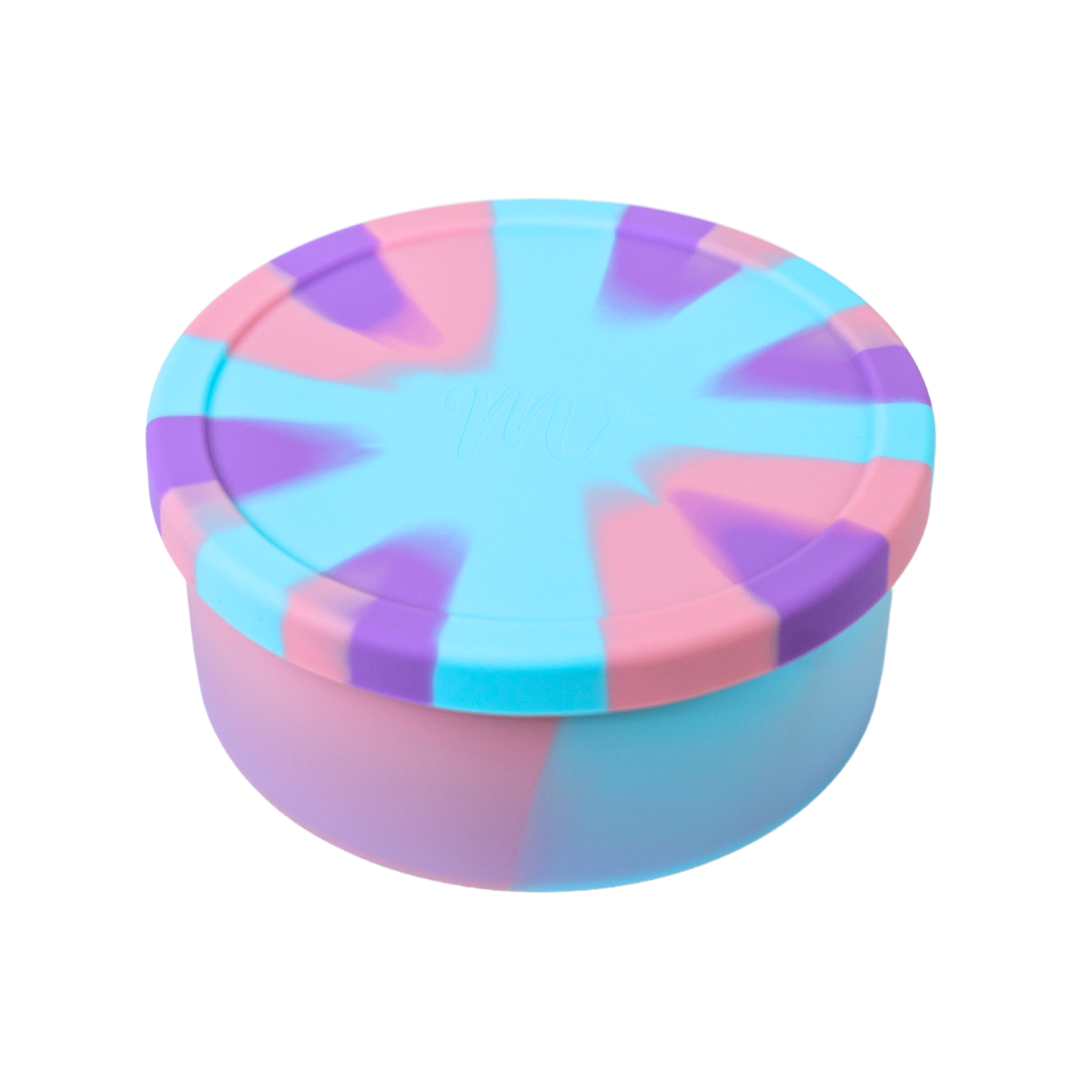 Pastel pink, purple and blue tie dye silicon bento bowl with Mermaid Straw logo