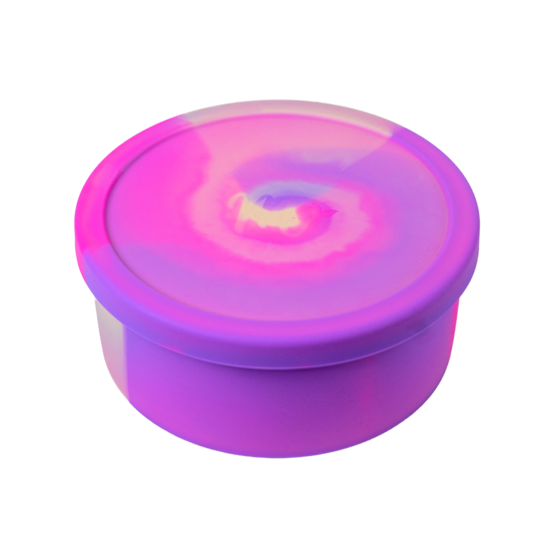 Pink, purple, and yellow tie dye silicon bento bowl with Mermaid Straw logo on the lid